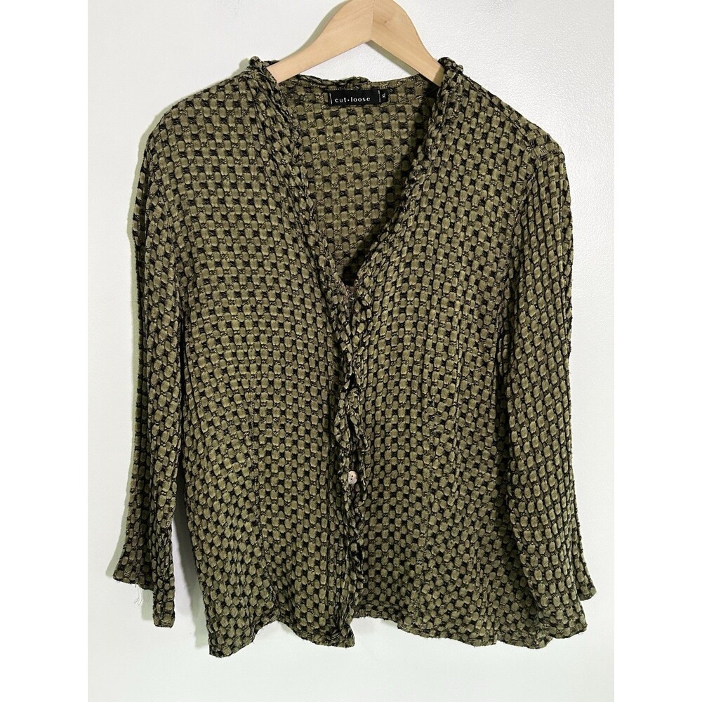 Cut Loose Button Front Cardigan Top Size XL Ruffle Trim Geometric Print Black